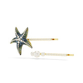Idyllia hair pin, Set (2), Crystal pearls, Starfish, Multicolored, Gold-tone plated